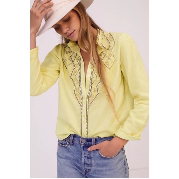 Anthropologie Pilcro & the Letterpress Nayeli Beaded Shirt in Chartreuse Size M - Picture 1 of 12